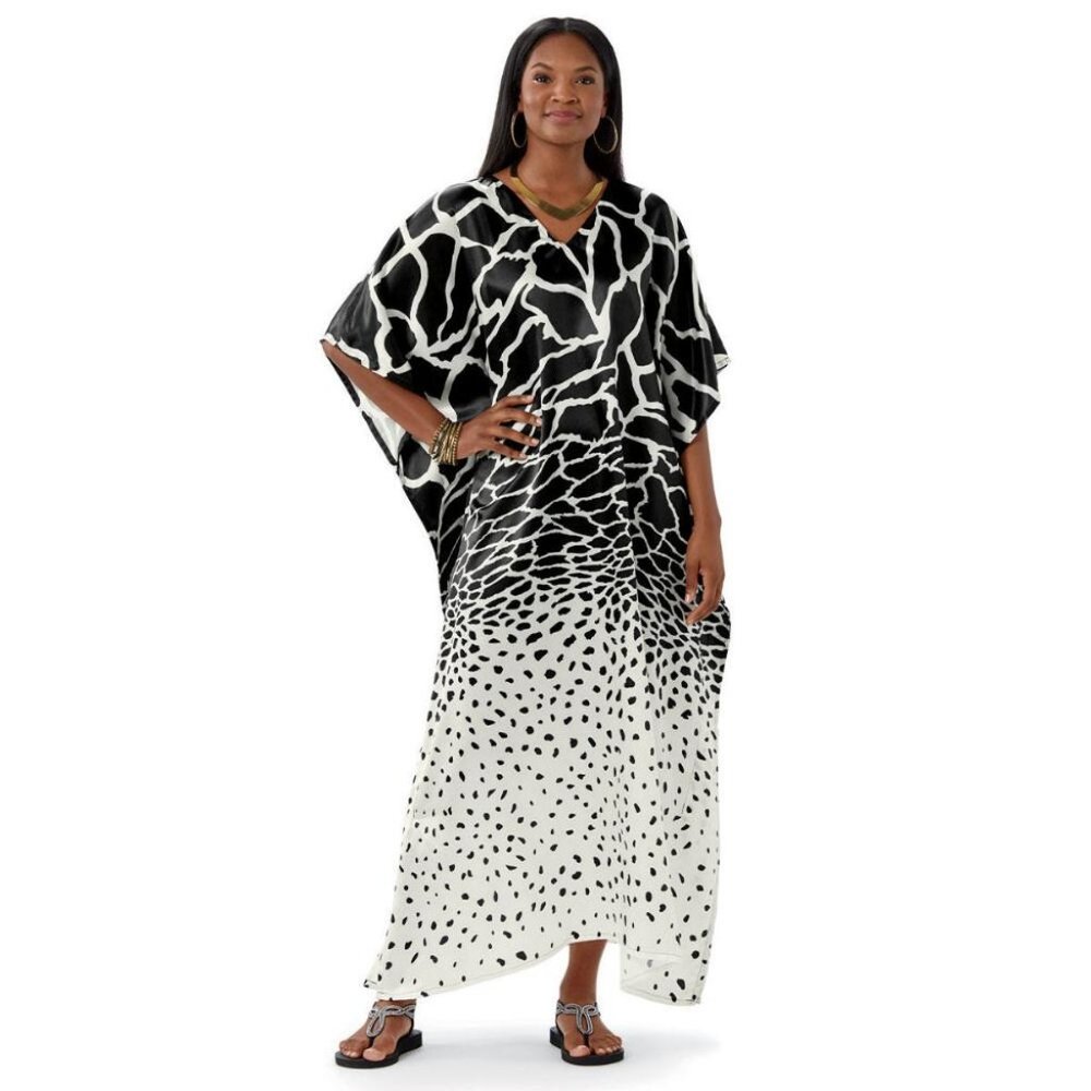 Monochrome Print Silky Long Caftan One Size NEW